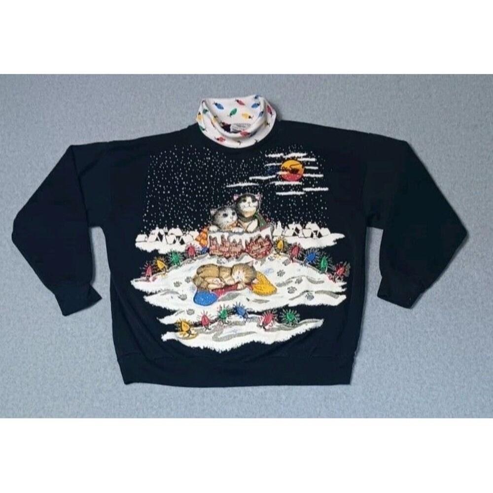 VTG 90 Nutcracker Christmas Cat Sweatshirt M Mock Collar Turtleneck Ugly Sweater